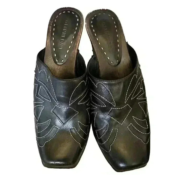 Gianni Bini Saddle Leather Clogs Black Slip On Mules Square Toe Heels 7M - Picture 1 of 6